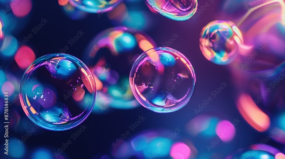 Poster iridescent bubbles texture with blue pink reflections background image. shiny soap spheres floating 