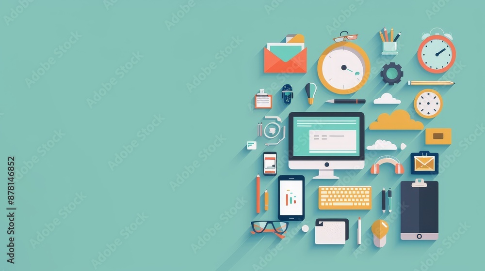 Poster flat design illustration of business objects - flat design illustration of various business objects 