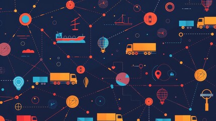 Fototapeta premium Global Network and Connected Logistics - Illustration of a global network and connected logistics. Ships, trucks, and airplanes form a web connecting various points around the world, representing the 