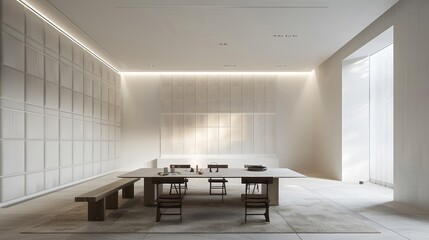 Fototapeta premium A minimalist dining area with soundproof walls for intimate conversations and a table designed to enhance acoustic privacy