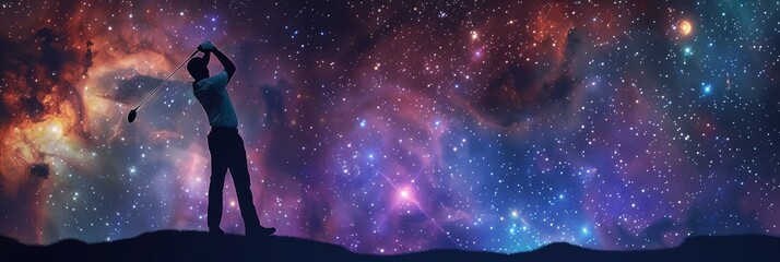 Naklejka premium Golfer Under a Starry Sky - A silhouette of a golfer swinging a club, against a breathtaking backdrop of a starry sky, showcasing the wonder and vastness of the universe. - A silhouette of a golfer sw