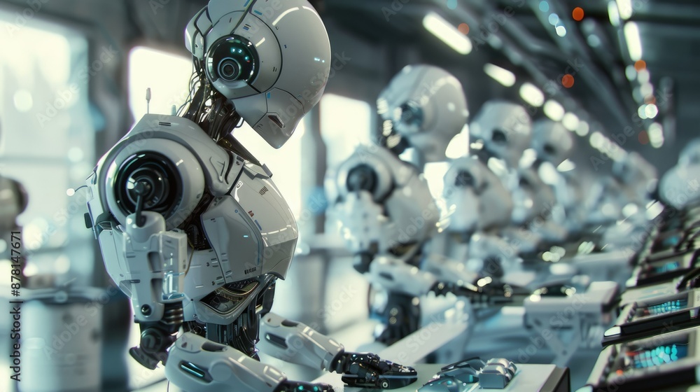 Poster robots in a high-tech lab collaboratively working on complex scientific projects with advanced equip