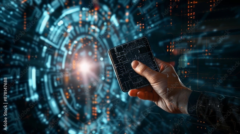 Poster hand holding a smart device with futuristic background - a hand holds a sleek smart device against a