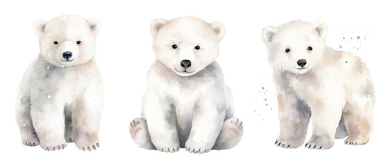 Watercolor set of three adorable polar bear cubs, isolated on white background.