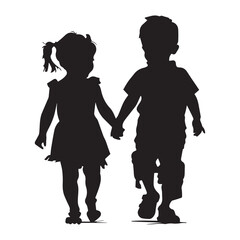 Little girl and boy walking silhouette, black vector illustration on white background