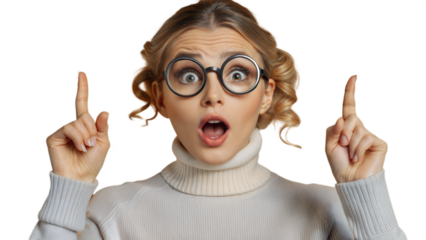 shocked young asian woman gossips about latest news, indicates both index fingers upwards to copy space, hears surprising news opens mouth, wears round glasses  png format isolated on white background