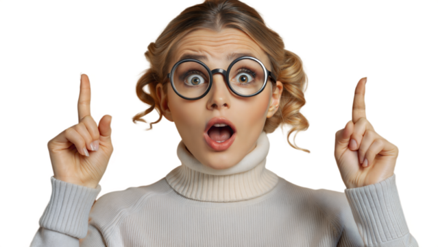 shocked young asian woman gossips about latest news, indicates both index fingers upwards to copy space, hears surprising news opens mouth, wears round glasses  png format isolated on white background