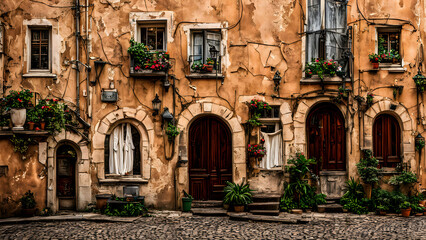 Fototapeta premium An Empty Street with European Architectural Design Houses, Serene and Quiet, Timeless Beauty City