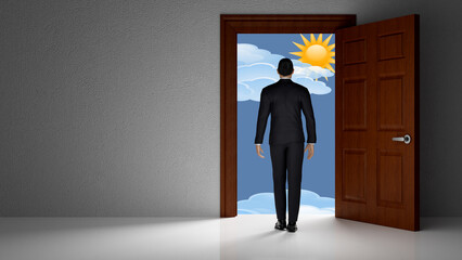 Fototapeta premium Illustrazione 3D. Uomo di fronte a porta aperta da cui si vede il futuro, rappresentato come cielo luminoso, si incammina verso la speranza, il futuro, l'infinito.