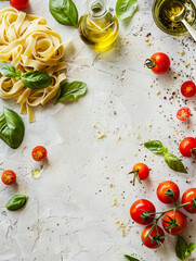 Italian Food Ingredients Flat Lay - Italy, Minimal wallpaper with copy space flat lay top view, pasta, tomatoes, olive oil, fresh basil, Stock Photo - Italy, Minimal wallpaper with copy space flat lay