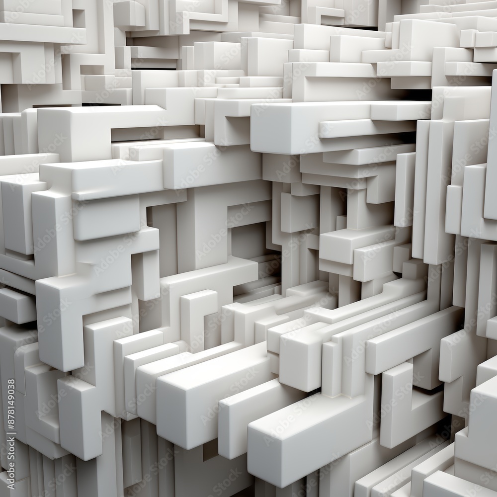 Poster this abstract 3d composition features a complex maze of white cuboids. its intricacy and depth make 