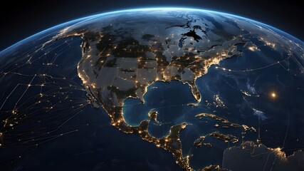 Obraz premium constellation of satellites Over a map of North America, a number of low-Earth orbiting satellites are superimposed, with light indicating communication routes.