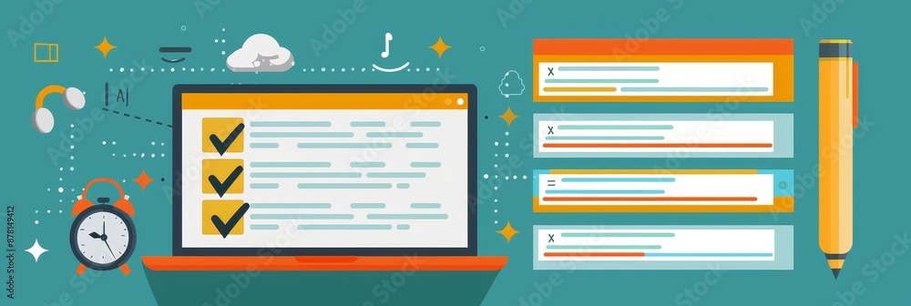 Poster laptop with checklist and pencil for online tasks - a laptop with checklist and pencil for online ta