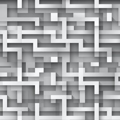 A detailed 3D maze with grey brick walls and interconnected blocks, textured walls and dark openings, abstract design for a mysterious atmosphere on white background