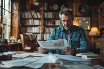 A man with a beard reads a newspaper in a cozy rustic home office filled with books and warm light, creating a comfortable and inviting atmosphere.