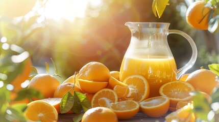 /imagine A pitcher of freshly squeezed orange juice, with whole oranges and orange slices surrounding it, captured in bright morning sunlight.