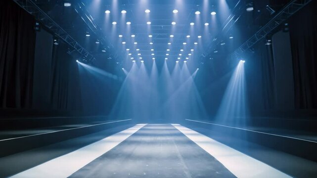 Empty catwalk with many spotlights, fashion event, runway podium stage