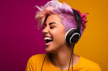 A cheerful woman with colorful hair wearing headphones, laughing against a vibrant background