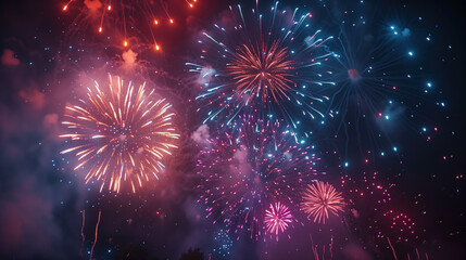 Festive fireworks in pink, red and blue with bright flashes of lights and sparks