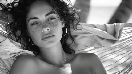 Fototapeta premium Freckles woman reclining in hammock monochrome portrait image. Summer relaxed pose black and white photography. Female freckled face picture close-up. Tranquil moment concept photo