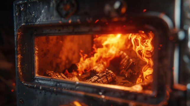 Burning firewood in fire-box of fireplace in country cottage. Rustic cooking oven with burning logs
