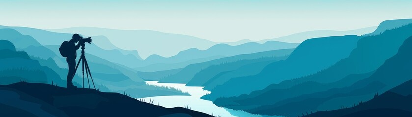 Obraz premium Photographer Capturing Scenic Mountain Landscape - A photographer captures the breathtaking beauty of a mountain landscape. The silhouette of the photographer is framed against the vast expanse of rol