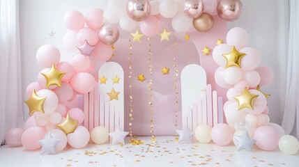 Pink and Gold Balloon Arch with Stars for Birthday Party - A beautiful pink and gold balloon arch decorated with stars, perfect for a birthday party or baby shower. - A beautiful pink and gold balloon