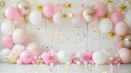 Pink and Gold Balloons Decor - A beautiful photo of a wall decorated with pink and gold balloons and golden stars. The perfect backdrop for a birthday party or baby shower. - A beautiful photo of a wa