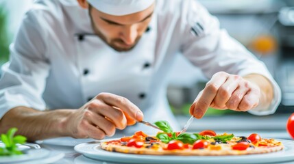 Skilled pizza chef crafting a delicious pizza in a professional kitchen at a pizzeria.