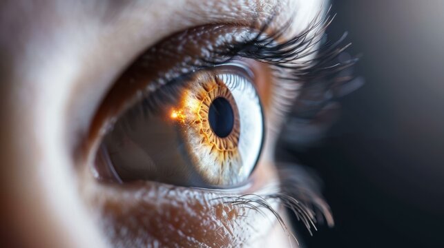 A persons eye closeup with a dreamy reflection of the Moon, symbolizing space conquest and ambition.