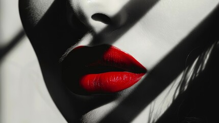 Obraz premium Red Lips and Shadows - A closeup portrait of a woman with red lips, highlighted by black and white shadows. - A closeup portrait of a woman with red lips, highlighted by black and white shadows.