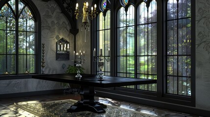 A modern Gothic dining space with a black oak table, candelabra, and stained glass windows