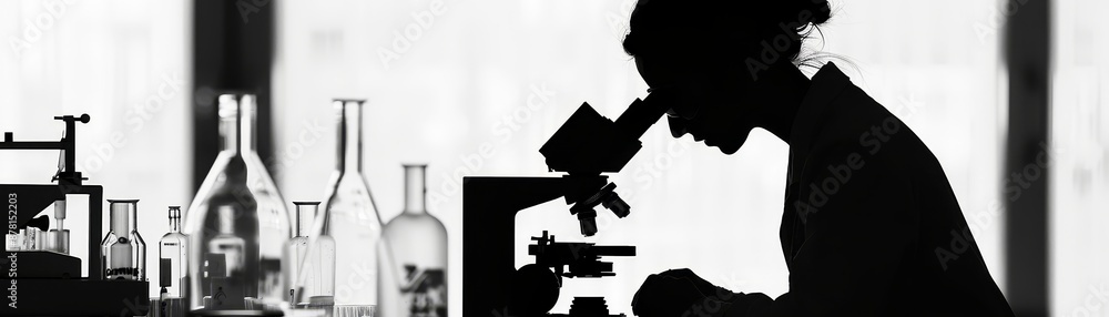 Poster scientist working in lab with microscope - a scientist working in a laboratory, silhouetted against 