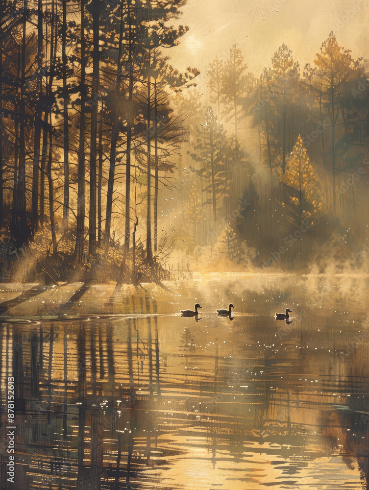 Poster serene morning by the lake - a tranquil scene of a lake surrounded by a dense forest, illuminated by
