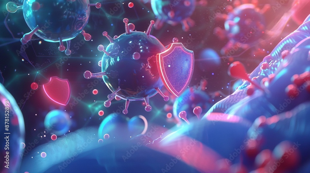 Poster virus particles and protective shields in digital 3d rendering image. innovative medical defense bac