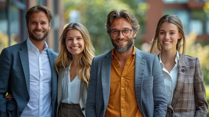 Fototapeta premium Group of four well-dressed professionals stands outdoors image. Caucasian happy colleagues photography scene wallpaper. Leadership and approachability concept photorealistic photo