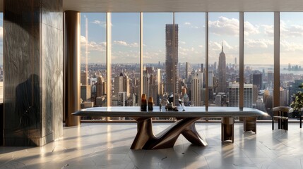 Fototapeta premium A modernist dining space with a sculptural table and a panoramic view of the city skyline