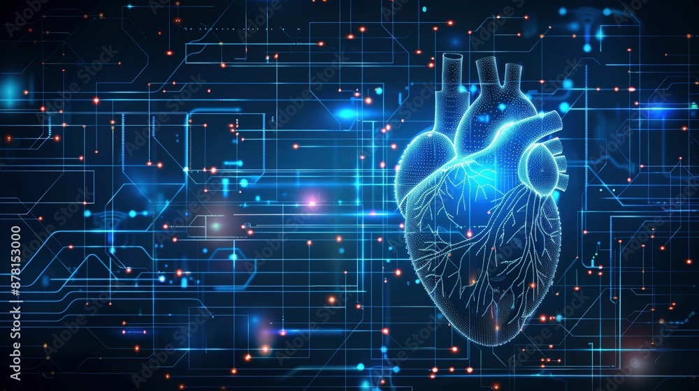 Poster human heart surrounded by network of glowing lines image copy space. data integration. advanced medi