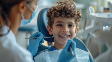 Young boy receiving dental checkup from masked dentist image. Female dentist and kid with curly hair smiles brightly photography scene. Pediatric dental care concept photorealistic photo