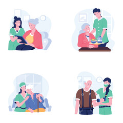 Set of Elderly Help Flat Illustrations 
