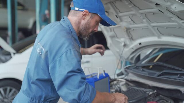Mechanic working on a car engine. A auto mechanic carries a replacement car battery for car electrical maintenance.
