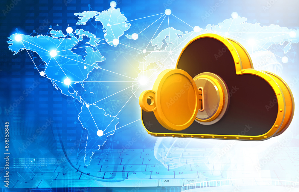 Poster cloud computing network security. computer networking. 3d illustration.