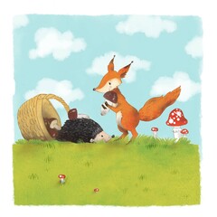 Une petite écureill offre un champignon à son amis hérisson. Illustration en aquarelle   © Julia