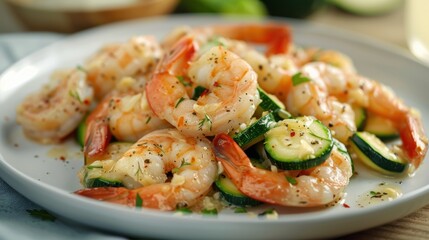 Garlic shrimp with zucchini on a white plate