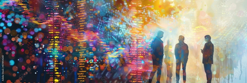 Poster silhouettes of people against a colorful digital background - silhouettes of people standing in fron
