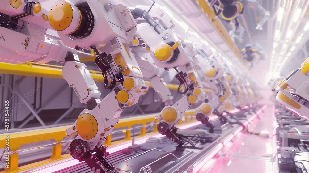 Poster high-tech robot arms working on assembly line image. advanced automation technology photography wall