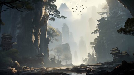 Traditional pagodas among majestic karst pillars ai generated illustration. Fog enshrouds silent, chinese ancient valley wallpaper scene artwork. Serene mountains background image digital art concept