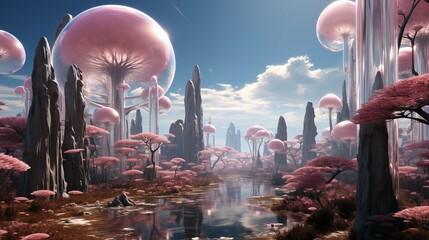 Fantasy landscape with giant pink trees, karst pillars ai generated illustration. Surreal blue sky with serene waters wallpaper scene artwork. Mystical nature background image digital art concept