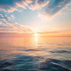 Obraz premium A serene sunrise over a calm sea with soft pastel skies and reflections. The sun rises on the horizon, casting long shadows on the ocean surface. Gentle breezes create ripples, with scattered clouds a