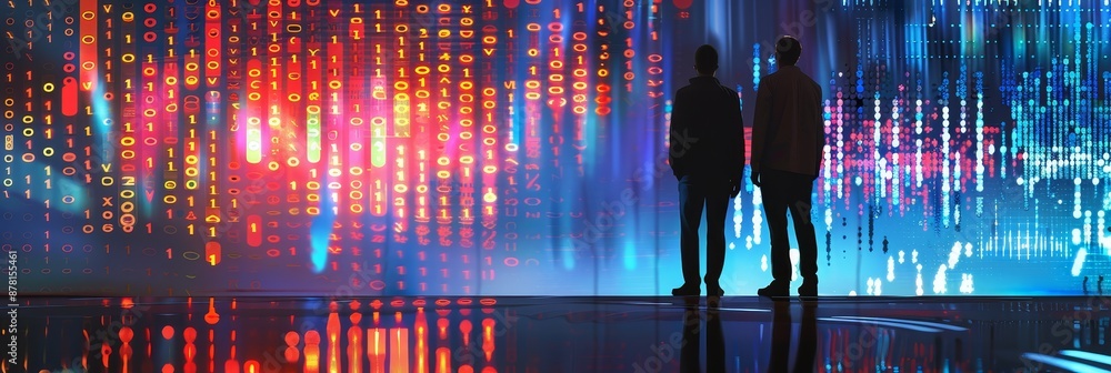 Poster two silhouettes observing a digital wall - two male figures stand in silhouette in front of a large 